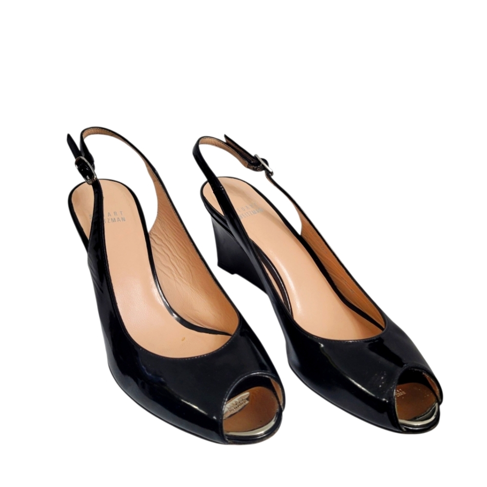 Stuart Weitzman Black Patent Slingback Sandals Peep-Toe Wedges Size 9.5 M